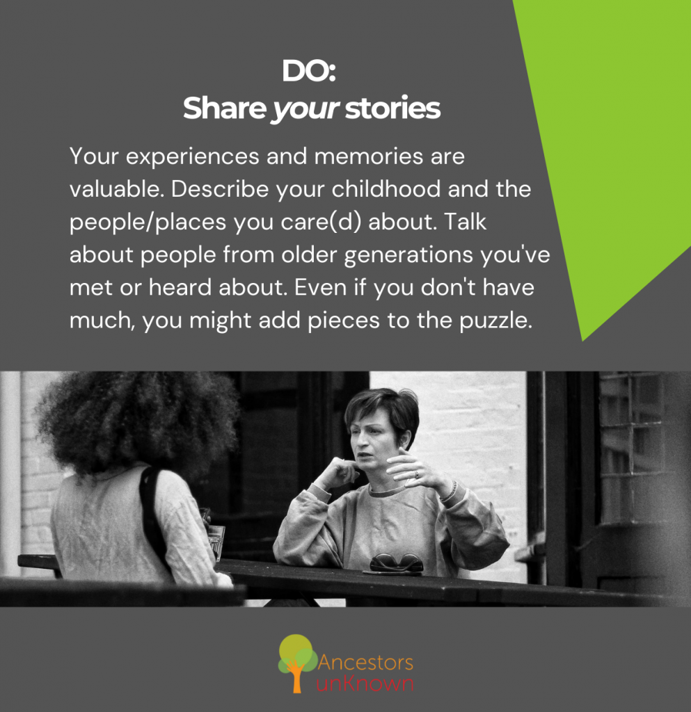 Do: Share your stories. Image: Two women in conversation, one with her back to the camera and the other gestures with one hand.