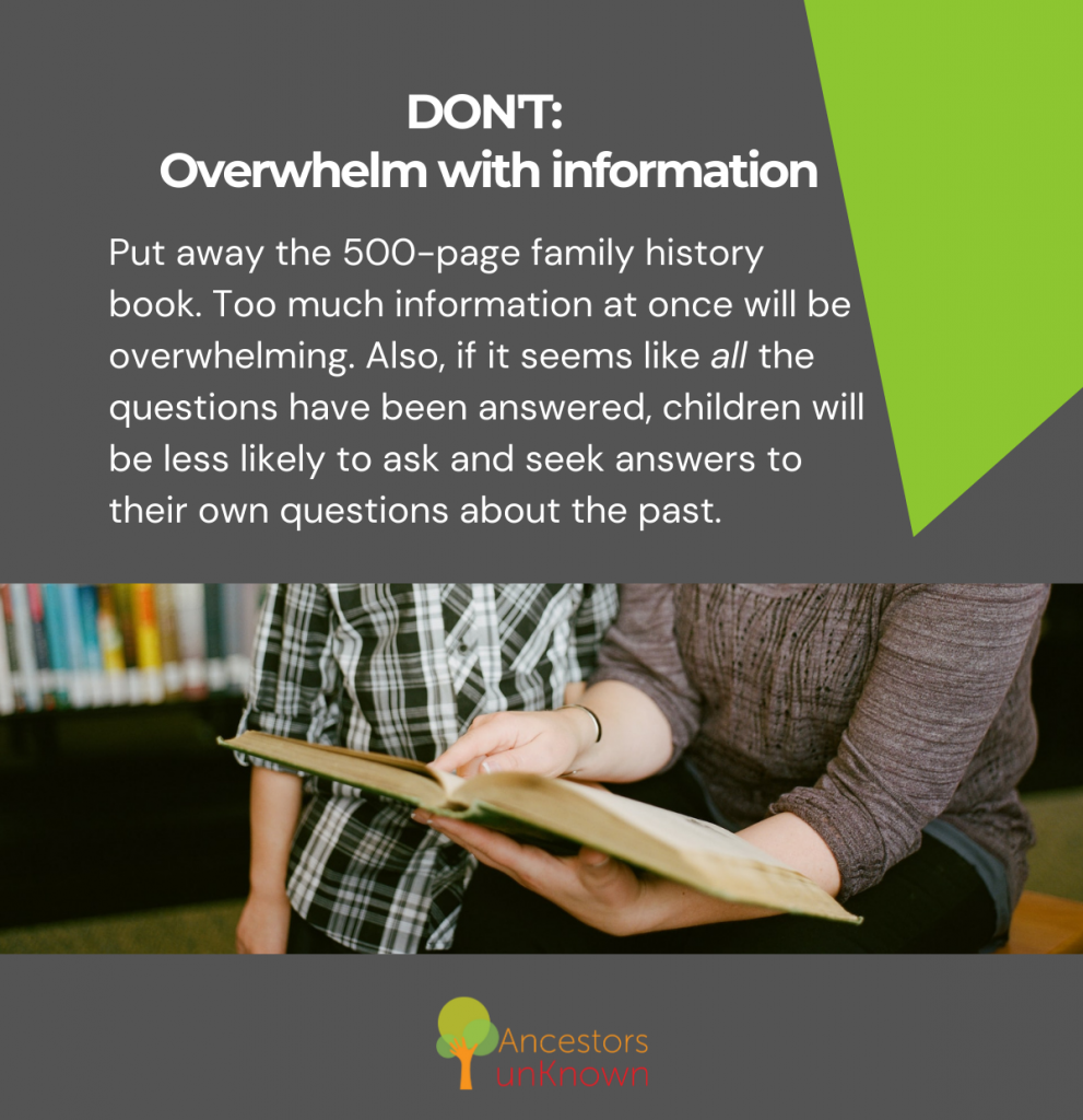 Don't: Overwhelm with information about your family history and identity. A woman holds a book and shows it to a child. Their faces aren't visible.